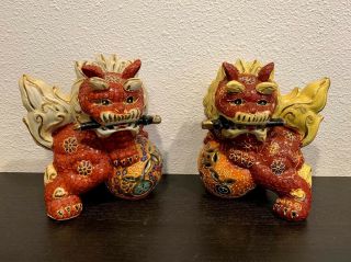 Vintage 7 " 2 Chinese Ceramic Lion Foo Dogs Playing Ball Heavy Detailed