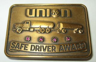 Vintage Union 76 Bronze Safe Driver Award Belt Buckle - Advertising Gas Oil Co.