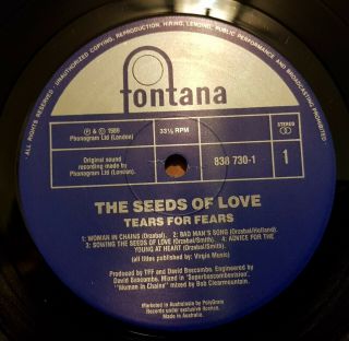 Tears For Fears - The Seeds Of Love - 1989 LP record,  cover VG,  sheet 3