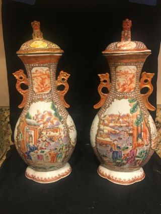 Antique Chinese Porcelain Hand - Painted Vases With Lids