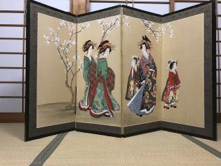 Japanese Folding Screen (byobu).  Geisha Girls And Plum Blossoms.