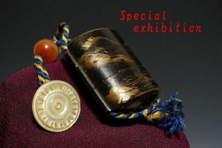 Japan Antique Edo Gold Inro Case Netsuke Yoroi Kabuto Tsuba Katana Samurai 梨地蒔絵