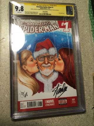 Spider - Man 1 Cgc Ss Sketch Of Stan Lee Santa Getting Kisses By Mj & Gwen