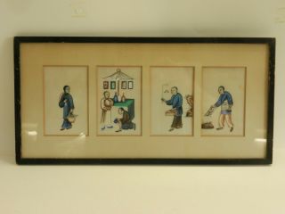 4 Antique Chinese 19th C Framed Paintings On Pith Rice Paper.