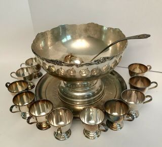 Vintage Silver Plated Nickel Punch Bowl W/ 11 Cups Serving Spoon Platter Japan