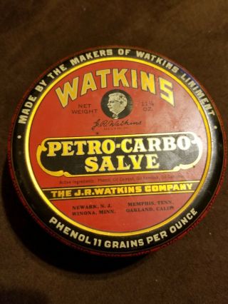 Vintage Watkins Petro - Carbo Salve Advertising Medicine Tin Filled