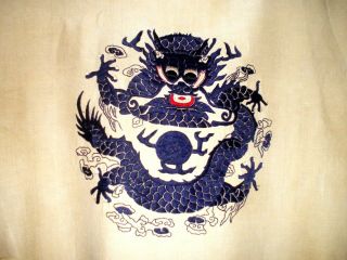 RARE Old Chinese/Japanese Raw Silk Robe/Kimono Embroidered Blue Dragons sz XL 3