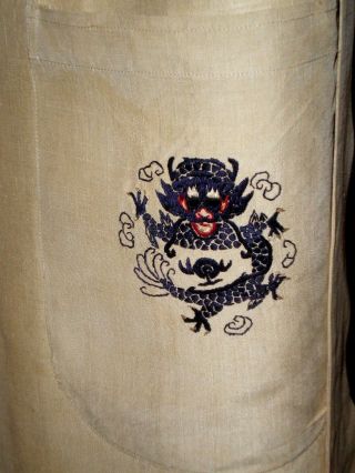 RARE Old Chinese/Japanese Raw Silk Robe/Kimono Embroidered Blue Dragons sz XL 7