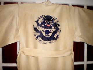 RARE Old Chinese/Japanese Raw Silk Robe/Kimono Embroidered Blue Dragons sz XL 8