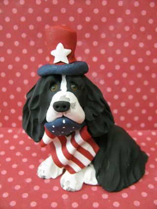 Handsculpted B/w English Springer Spaniel With American Flag Figurine