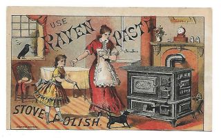 Antique Trade Card Raven Paste Stove Polish Victorian Lady Girl Cat Dog