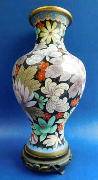 Cv1 Chinese Cloisonné Enamel Vase Floral W’ Striking Black Ground