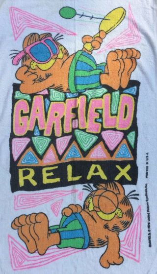Vintage Garfield Cat Beach Towel Relax Rare 55” X 28” Ping - Pong 80’s Neon Zack