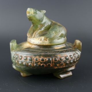 3.  5  Chinese Old Green Jade Hand - Carved Beast Statue Incense Burner Collect
