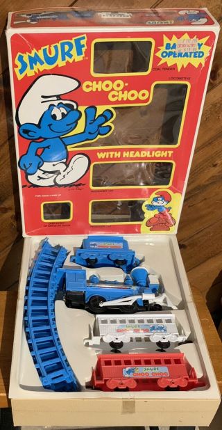 Vintage 1981 Wallace Berrie Smurf Battery Operated Choo - Choo Train Set Complete