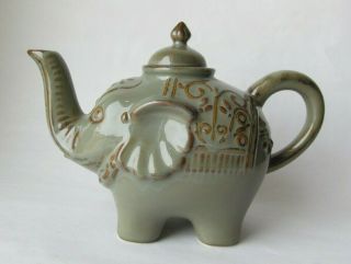 Pier 1 Imports Elephant 4 Cup Teapot Stoneware Sage Green With Brown Trim