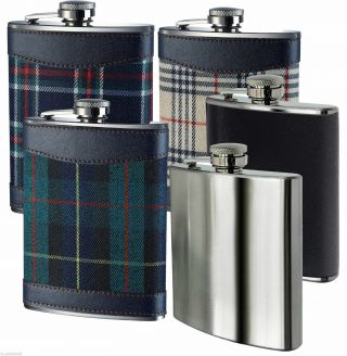 Hip Flask Stainless Steel With Leather And Tartan In Different Colours - 8oz