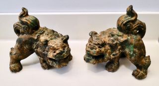 Vintage Cast Iron Foo Dog Statues Pair Great Patina