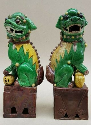 19TH C QING LARGE ANTIQUE CHINESE FAMILLE VERTE FOO LION DOGS PAIR MALE & FEMALE 5