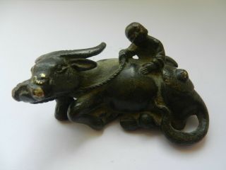 Antique 18th - 19thc Chinese Qing Bronze Boy On Buffalo Statue.  Scroll Weight