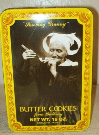 Vintage Smoking Granny Cookie Tin
