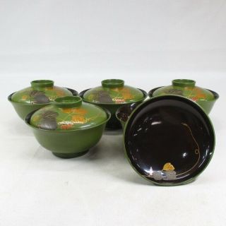 G049: Japanese Old Lacquer Ware 5 Green Covered Bowls With Very Good Makie