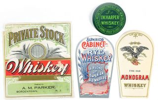 4 Vintage Whiskey Bottle Labels 1900s Iw Harper,  Monogram,  Am Parker,  Cabinet