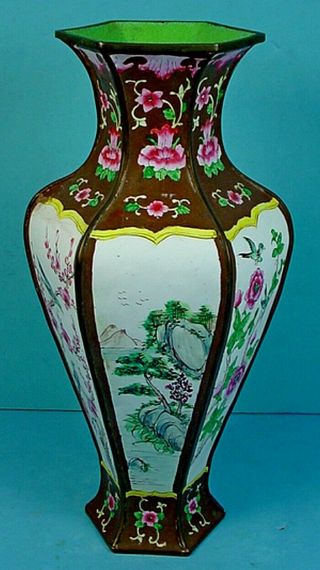 Vintage Chinese Repubic Period Canton Enamel On Copper Hexagonal Vase