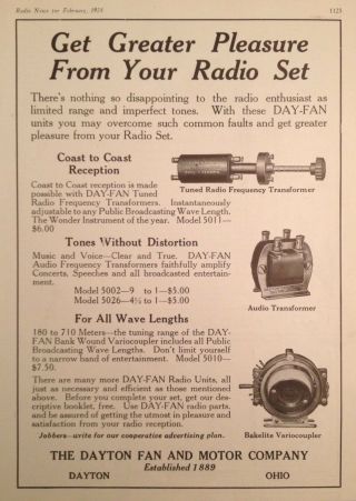 1924 Ad (h15) Dayton Fan And Motor Co.  Ohio.  Radio Tuned Frequency Transformer