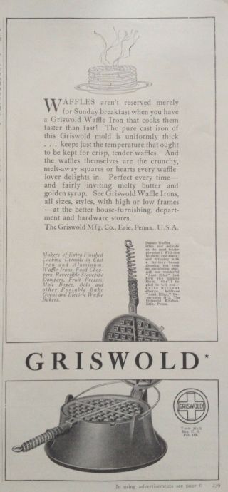 1925 Ad (j7) Griswold Mfg.  Co.  Erie,  Pa.  Griswold Cast Iron Waffle Maker