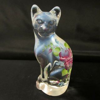 Fenton Opalescent Art Glass Cat Figurine,  Hand Painted,  5 1/4 " Tall