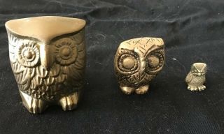 Set Of 3 Vintage Brass Owls - Different Sizes