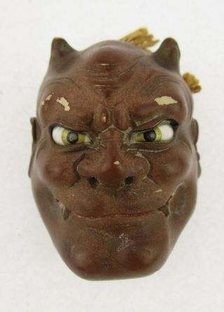 Late 19th C Japanese Carved & Painted Wooden Wall Mask Of An Oni Devil Figure