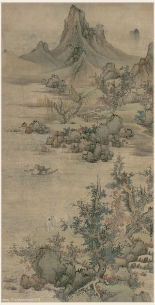 Chinese Old Scroll Painting Mountain Landscape In Autumn Lan Ying Ming Dynasty