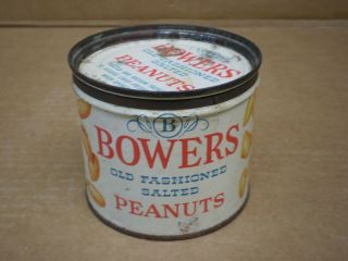Vintage Bowers Nut Tin Can 10 Oz Old Fashioned Salted Peanuts Usa W/lid Key Open