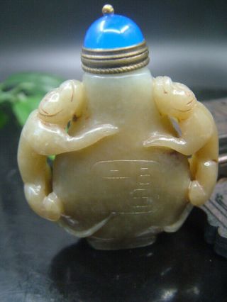 Antique Chinese Celadon Nephrite Hetian Jade Double - Monkey Statues/snuff Bottle