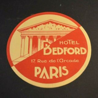 Vintage Antique Luggage Label - Hotel Bedford - Paris France