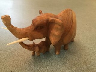 Vintage Hand Carved Wooden Elephant Mother And Baby,  Tusks,  Africa