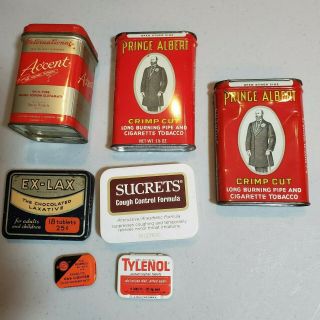 7 Vintage Advertising Tins Prince Albert Sucrets Ex - Lax Tylenol Accent Surlite