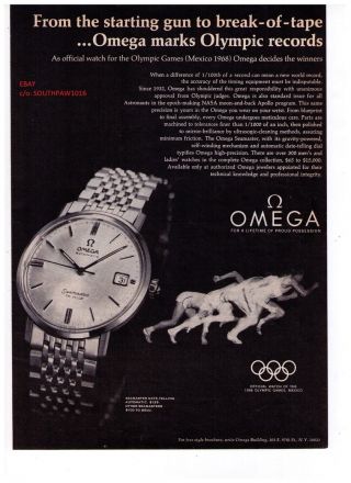 1967 Omega Watches " Mexico Olympics " Vintage Watch Print Advertisement