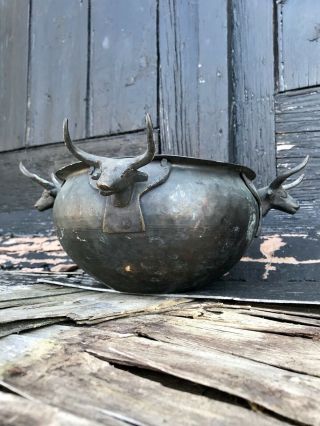 Early 20th Century Hammered Copper Plant Pot/bowl With Brass Mounted Bull Heads