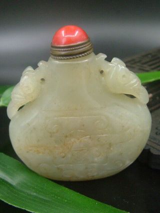 Antique Chinese Celadon Nephrite Hetian Jade Double - Tiger Statue Snuff Bottle