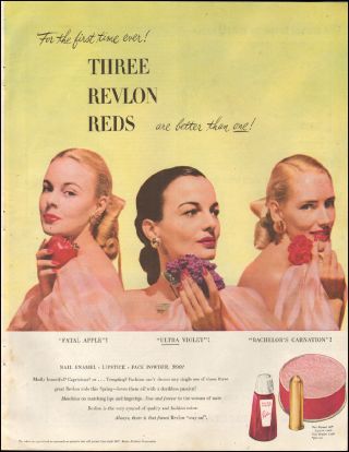 1947 Vintage Ad For Three Revlon Reds`retro Cosmetic Sexy Model 071518