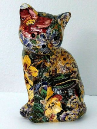 Vintage Cat Kitten Floral Paper Mache Decoupage Ceramic Decor Figurine 7 " Statue