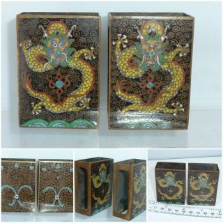 Antique Pair Cloisonne Match Box Holder Chinese /japanese 5 Toe Dragon
