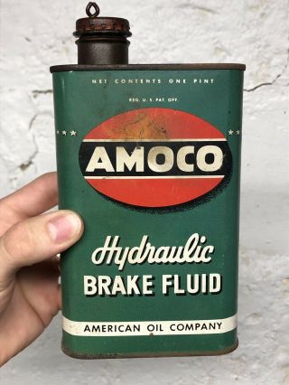 Rare Antique 1930s Amoco Hydraulic Brake Fluid Can Tin Litho Gas Oil 6” Vintage