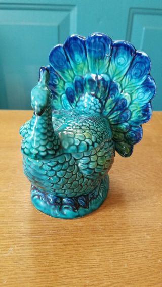 Small Adriane Japan Vintage Blue Peacock Covered Ceramic Figure Dish