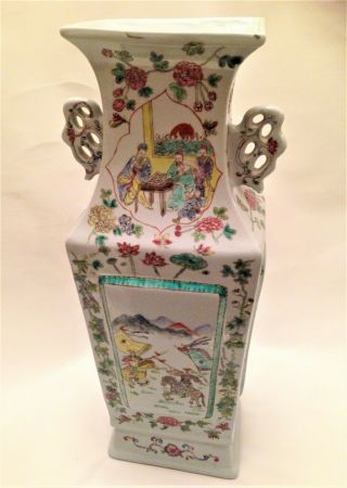 Large Chinese Canton Porcelain Twin Handled Vase Squared Bluster 43cm Base Mark