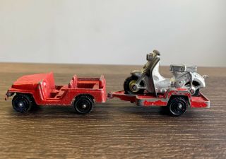 Vintage 1968 Tootsie Toy Red Jeep Transport Trailer W/ Motorcycle / Scooter