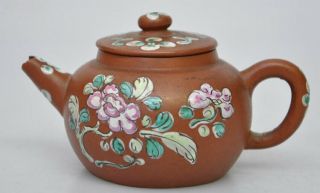 Antique Chinese Yixing Teapot Enamelled Flower Decorations Sigend / Marked